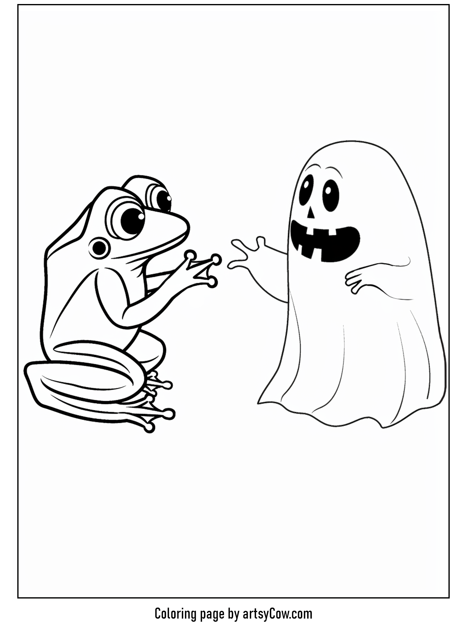 a surprised frog encountering a friendly ghost